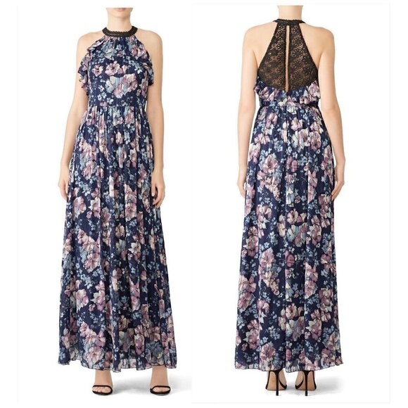 Marchesa Notte Blue Floral Halter Maxi Dress, Size 12 - Picture 1 of 16